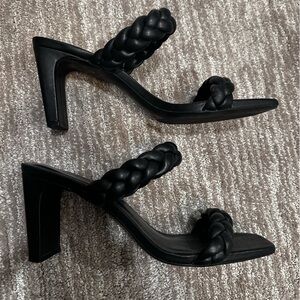 Black Block Heel Sandals with Braided Band